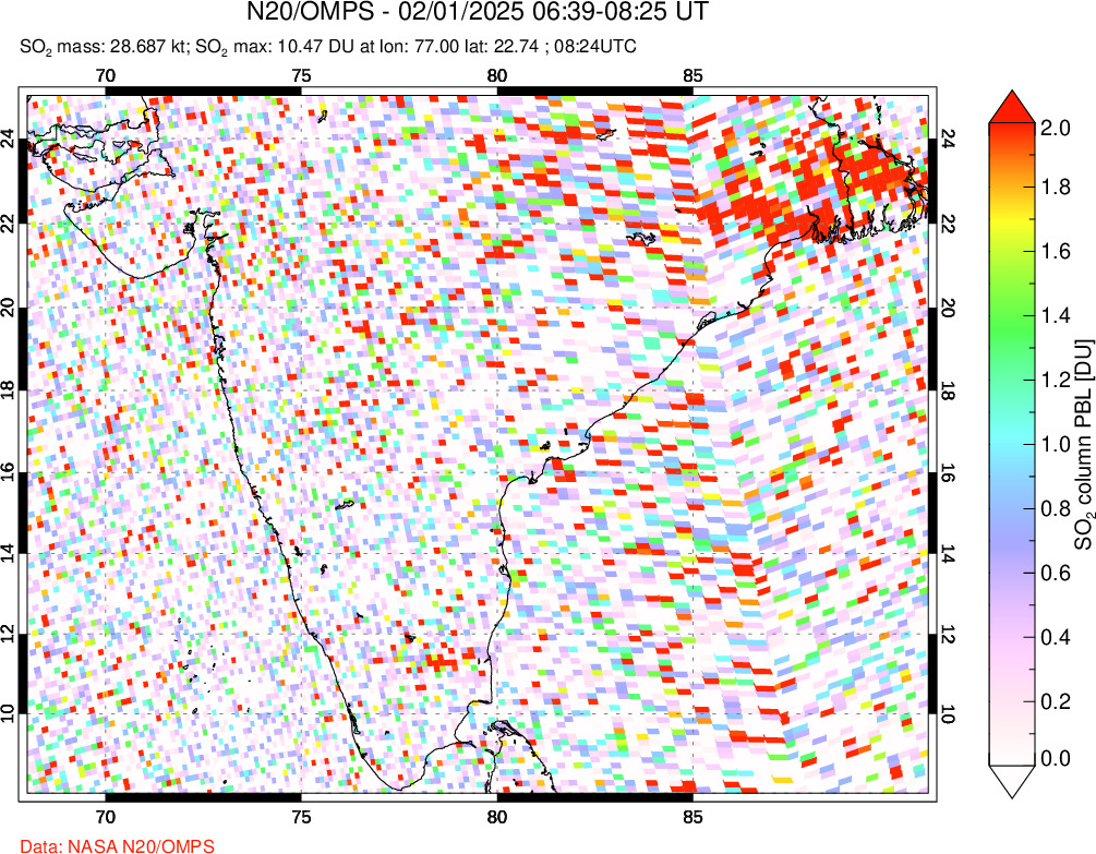 A sulfur dioxide image over India on Feb 01, 2025.