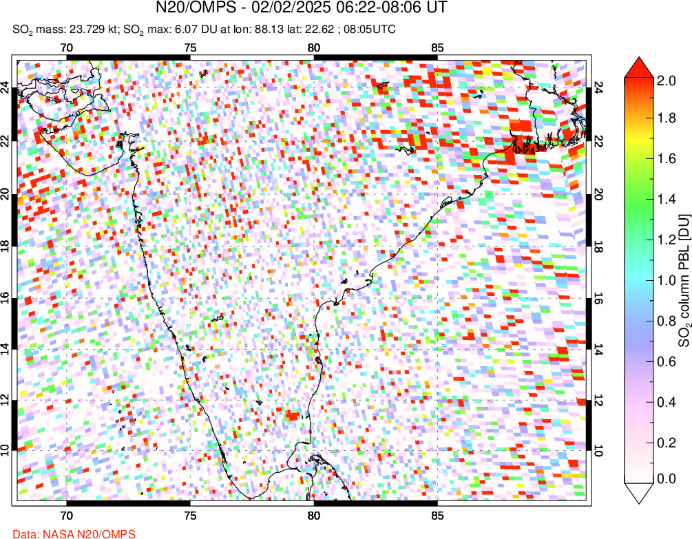 A sulfur dioxide image over India on Feb 02, 2025.