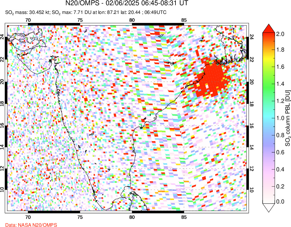 A sulfur dioxide image over India on Feb 06, 2025.