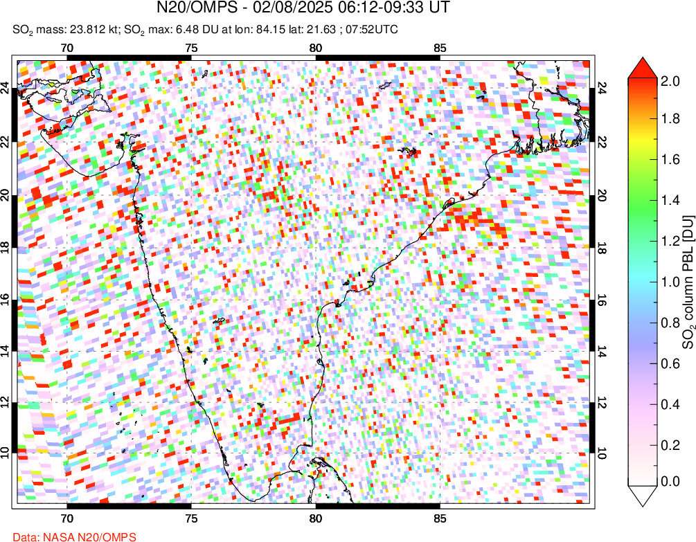 A sulfur dioxide image over India on Feb 08, 2025.