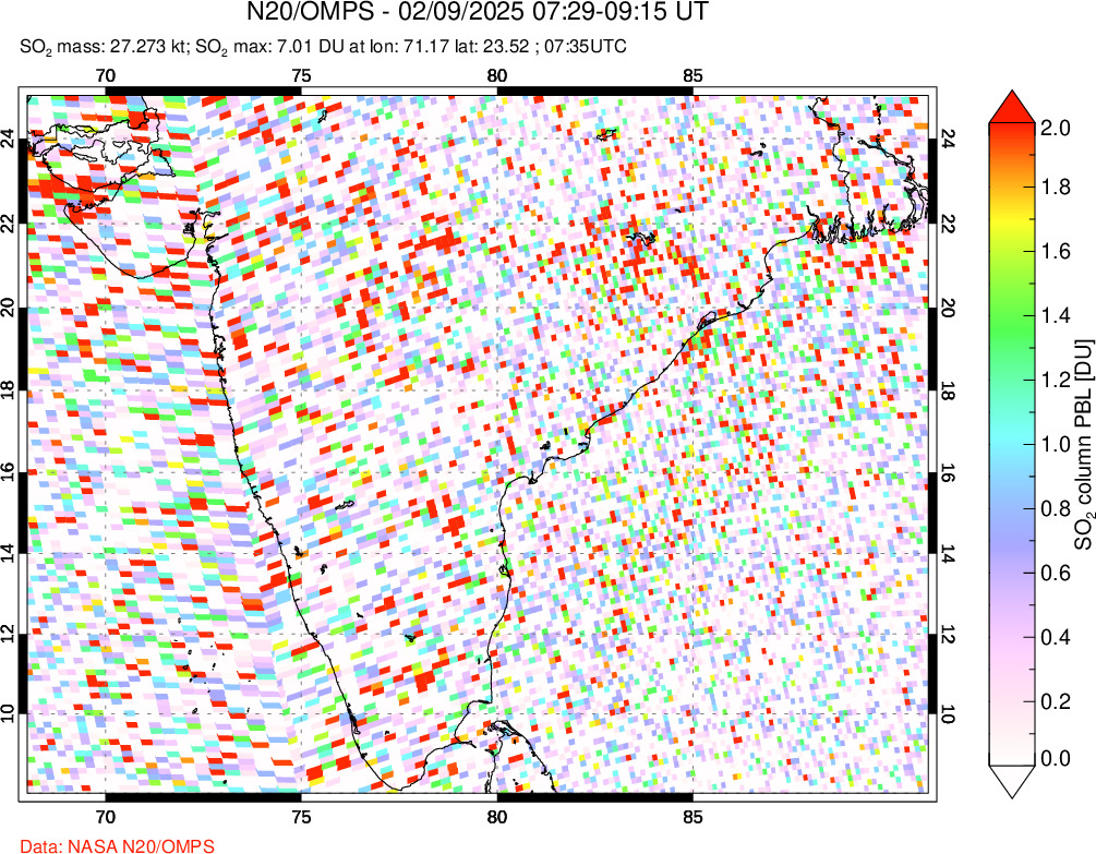 A sulfur dioxide image over India on Feb 09, 2025.