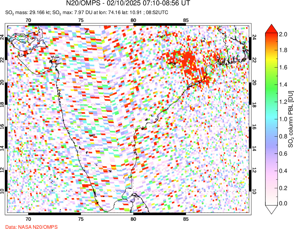 A sulfur dioxide image over India on Feb 10, 2025.