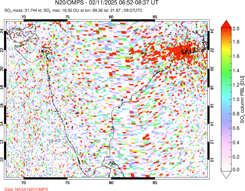 A sulfur dioxide image over India on Feb 11, 2025.