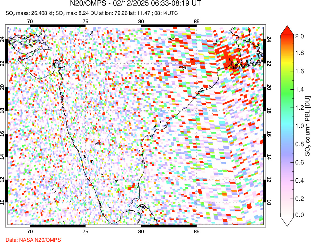 A sulfur dioxide image over India on Feb 12, 2025.