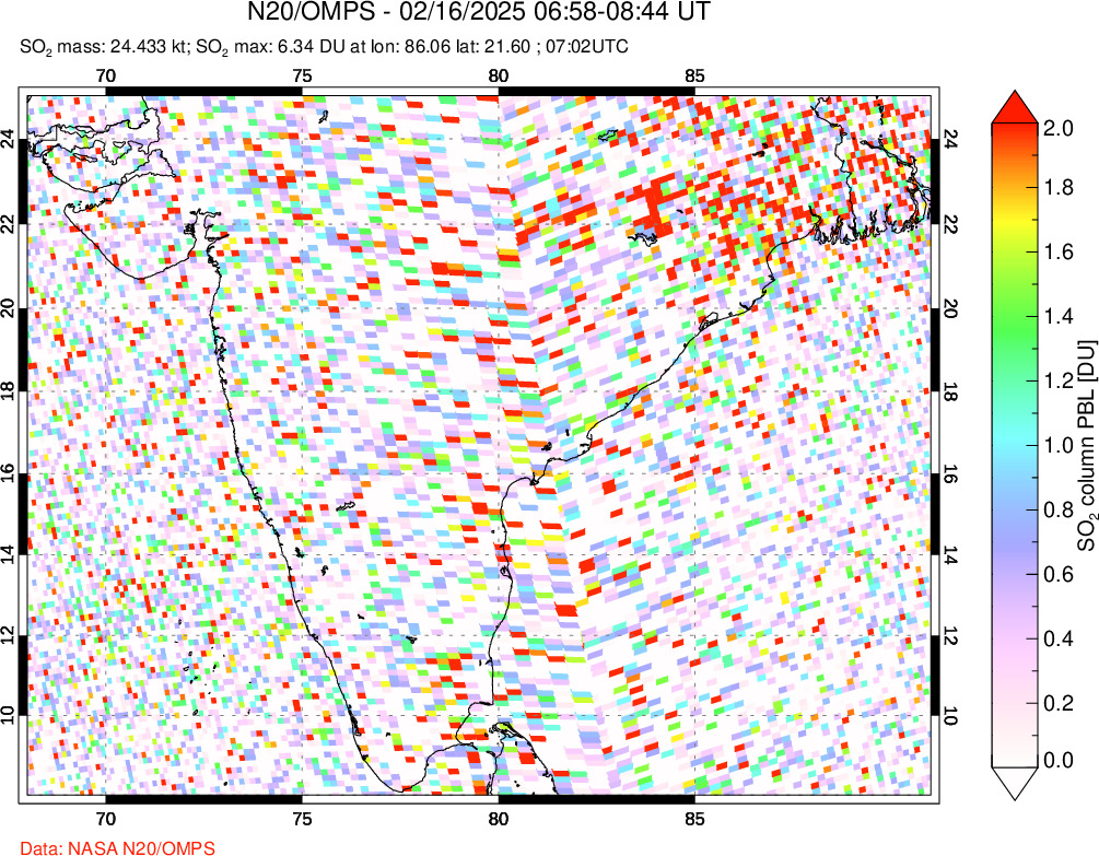 A sulfur dioxide image over India on Feb 16, 2025.