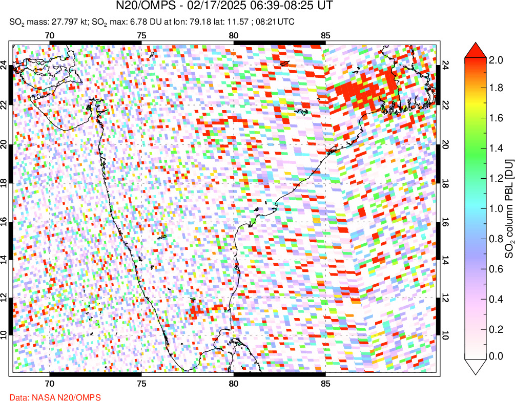 A sulfur dioxide image over India on Feb 17, 2025.