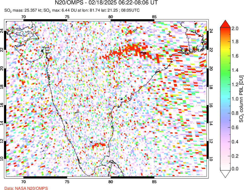 A sulfur dioxide image over India on Feb 18, 2025.