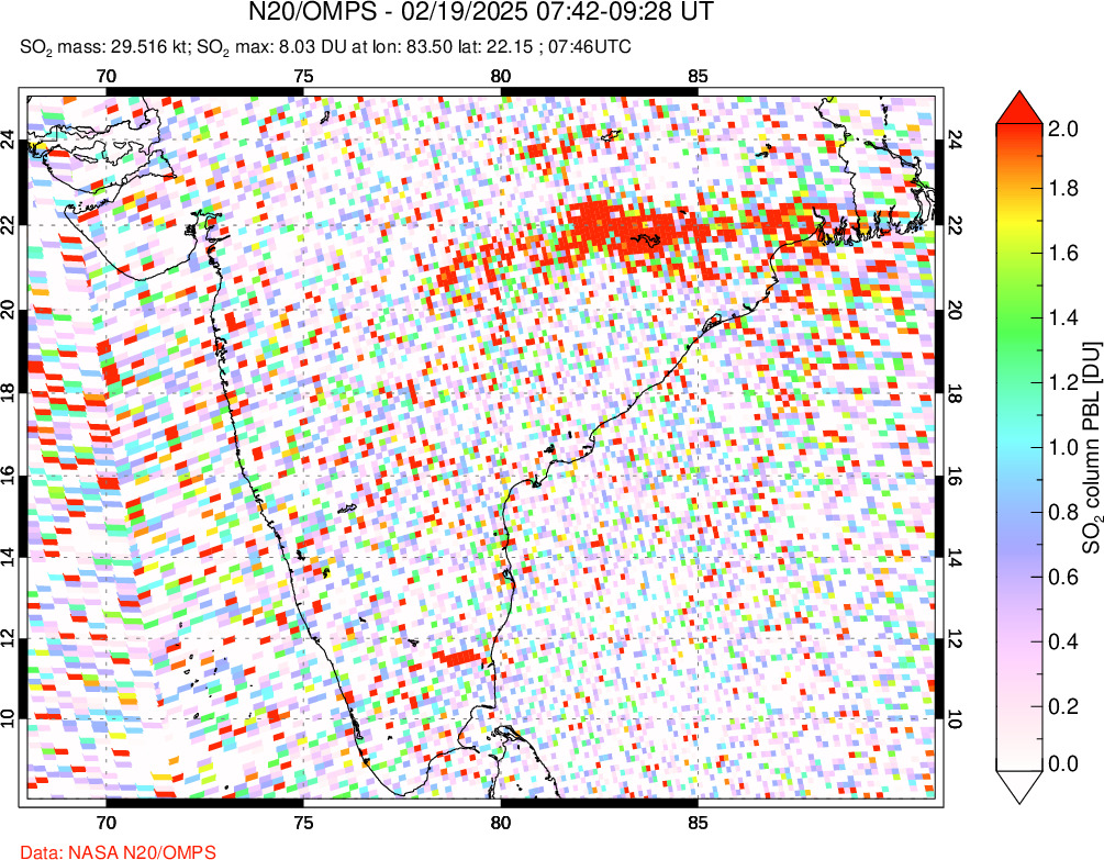 A sulfur dioxide image over India on Feb 19, 2025.