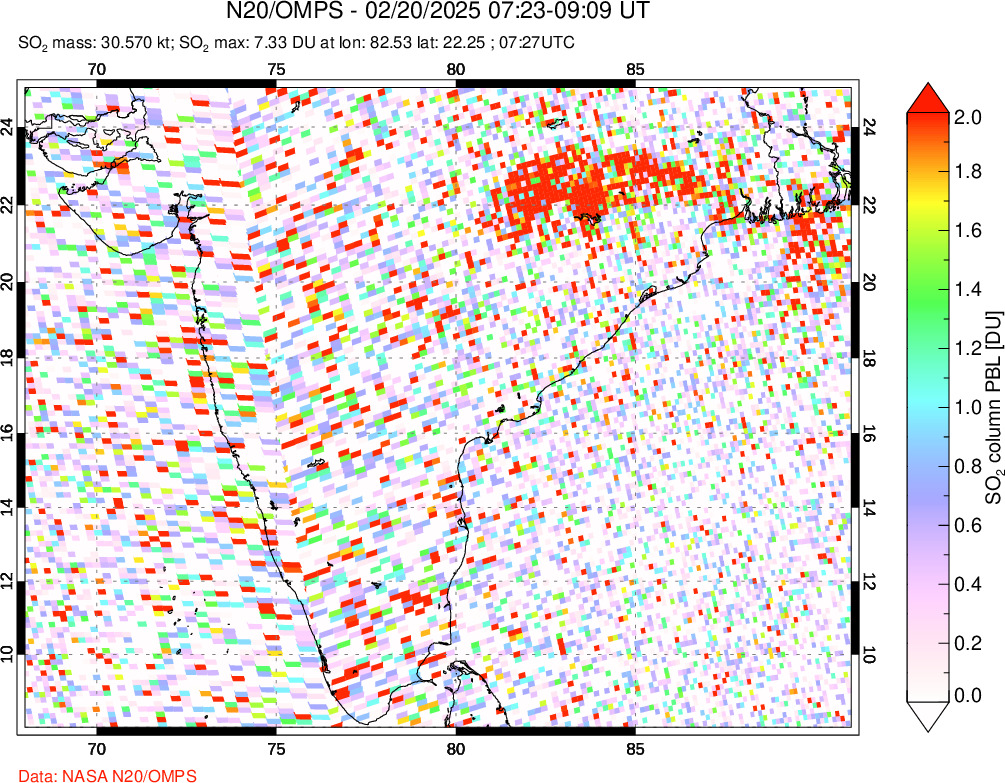 A sulfur dioxide image over India on Feb 20, 2025.