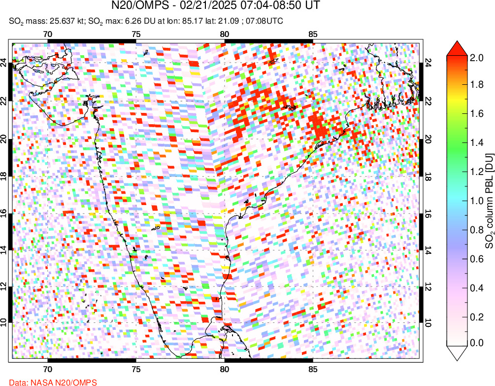 A sulfur dioxide image over India on Feb 21, 2025.