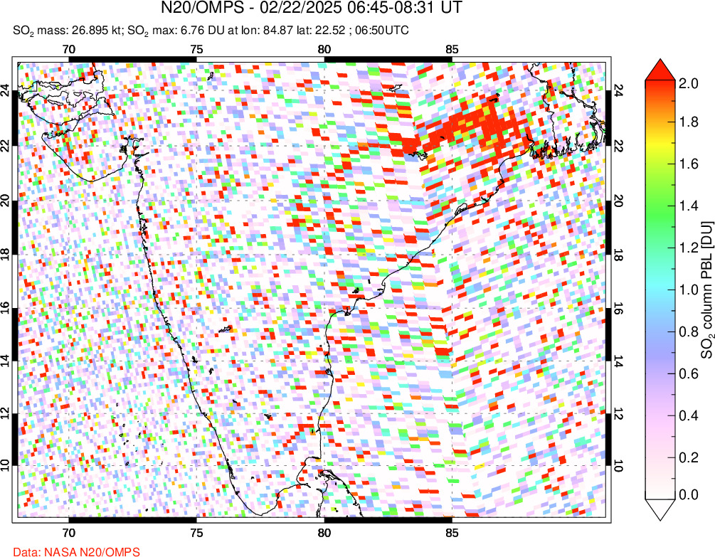 A sulfur dioxide image over India on Feb 22, 2025.