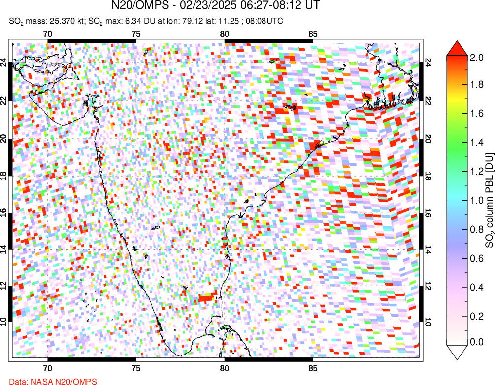 A sulfur dioxide image over India on Feb 23, 2025.