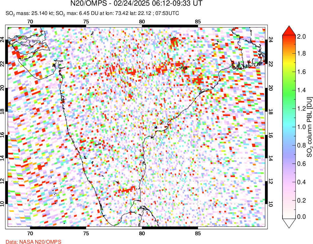 A sulfur dioxide image over India on Feb 24, 2025.