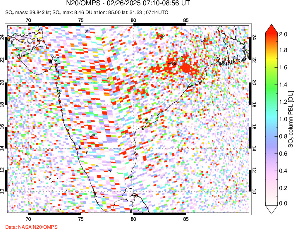 A sulfur dioxide image over India on Feb 26, 2025.