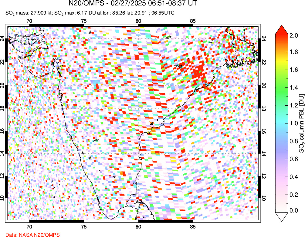 A sulfur dioxide image over India on Feb 27, 2025.