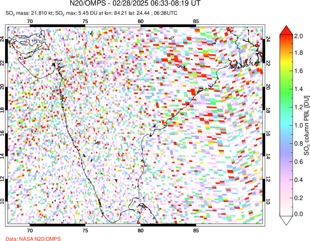 A sulfur dioxide image over India on Feb 28, 2025.