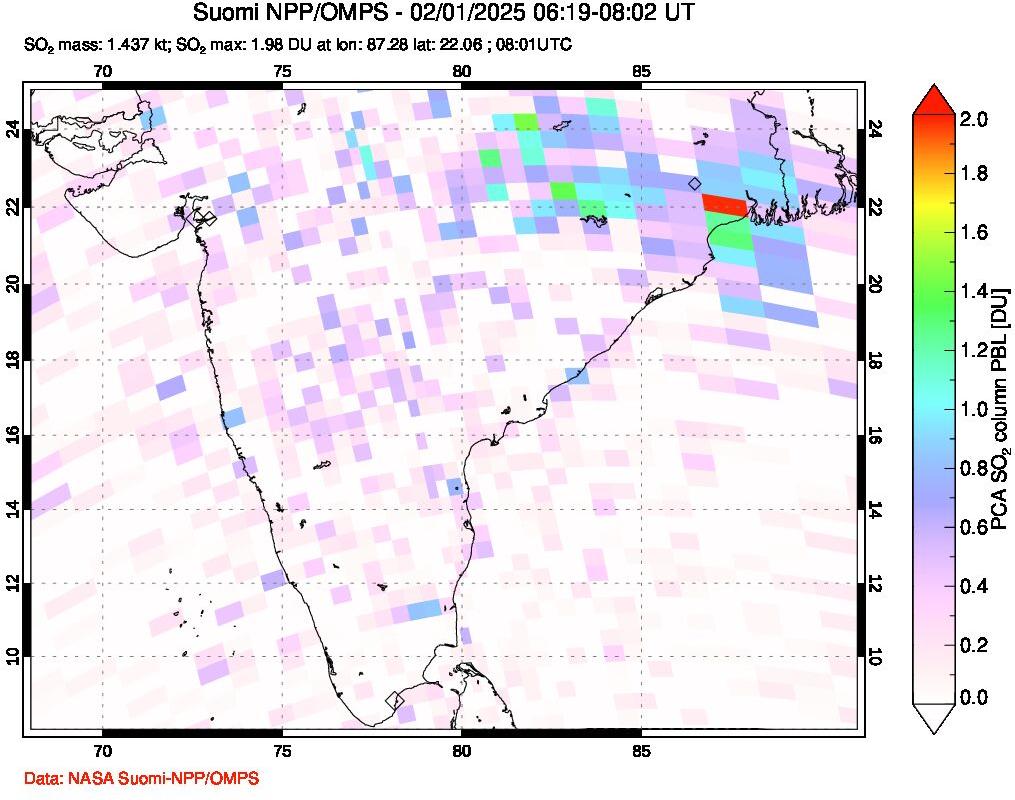 A sulfur dioxide image over India on Feb 01, 2025.