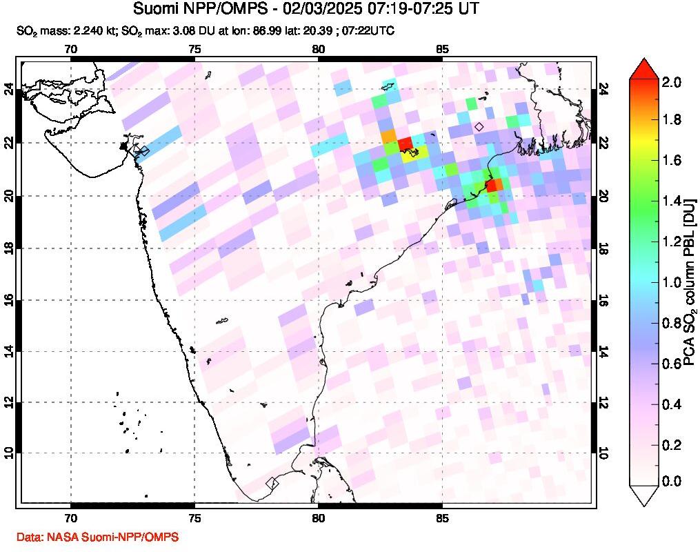 A sulfur dioxide image over India on Feb 03, 2025.