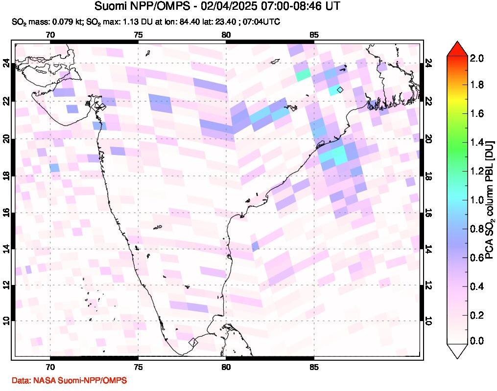 A sulfur dioxide image over India on Feb 04, 2025.