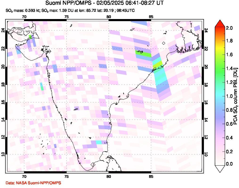 A sulfur dioxide image over India on Feb 05, 2025.