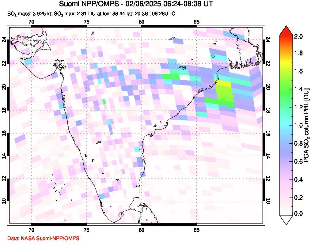 A sulfur dioxide image over India on Feb 06, 2025.