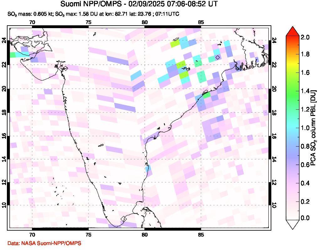 A sulfur dioxide image over India on Feb 09, 2025.