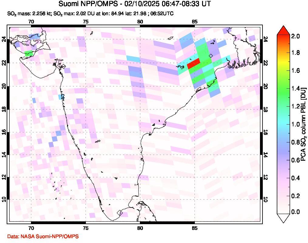 A sulfur dioxide image over India on Feb 10, 2025.