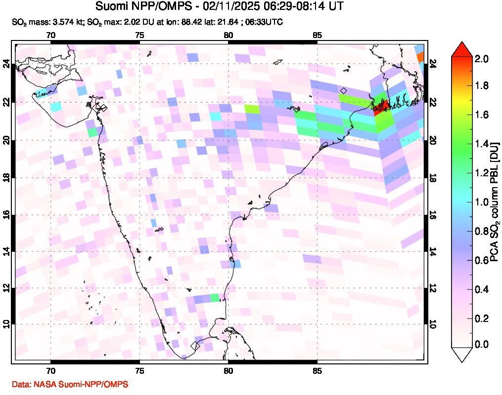 A sulfur dioxide image over India on Feb 11, 2025.