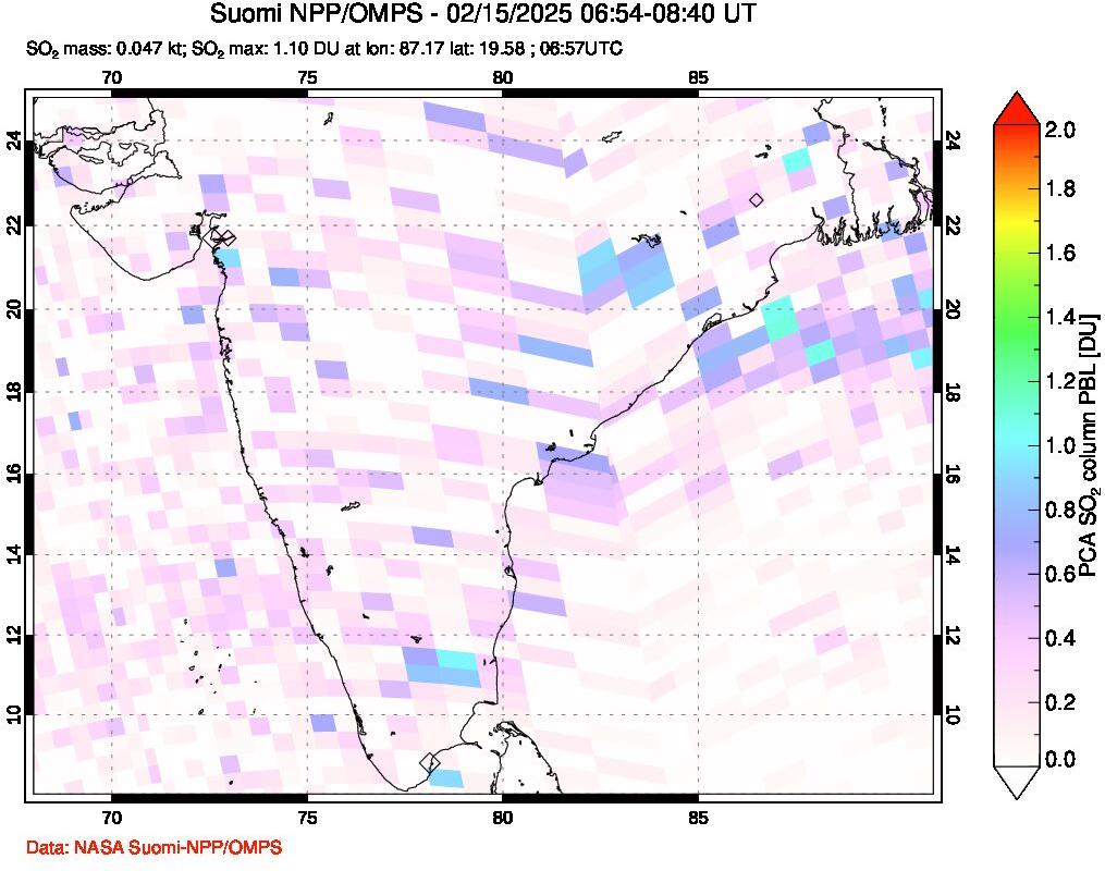 A sulfur dioxide image over India on Feb 15, 2025.