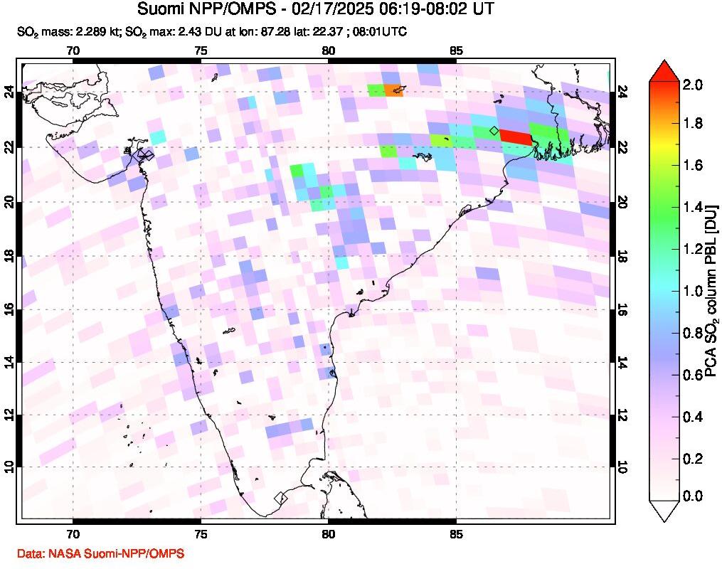 A sulfur dioxide image over India on Feb 17, 2025.