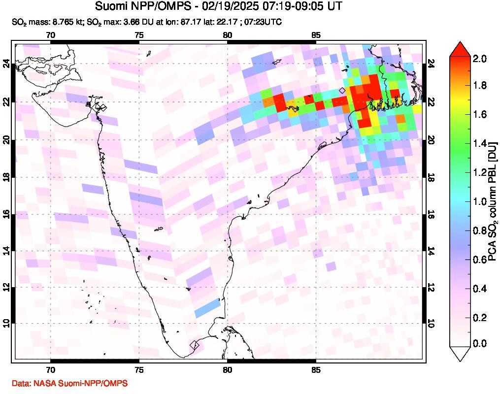 A sulfur dioxide image over India on Feb 19, 2025.