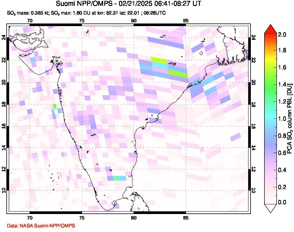 A sulfur dioxide image over India on Feb 21, 2025.