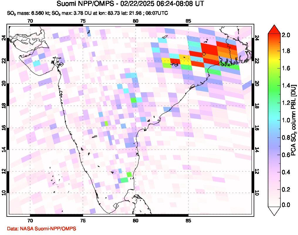 A sulfur dioxide image over India on Feb 22, 2025.