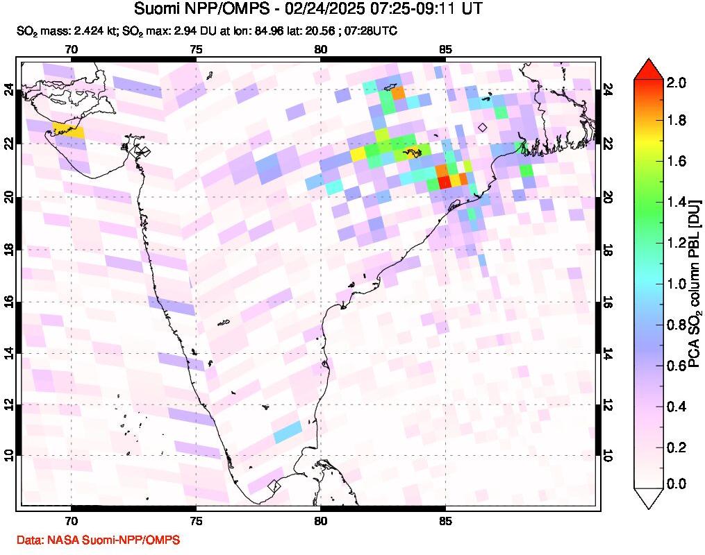 A sulfur dioxide image over India on Feb 24, 2025.