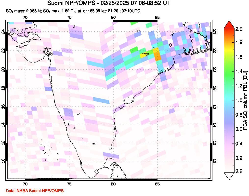 A sulfur dioxide image over India on Feb 25, 2025.