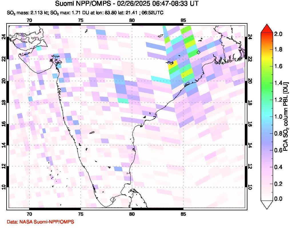 A sulfur dioxide image over India on Feb 26, 2025.