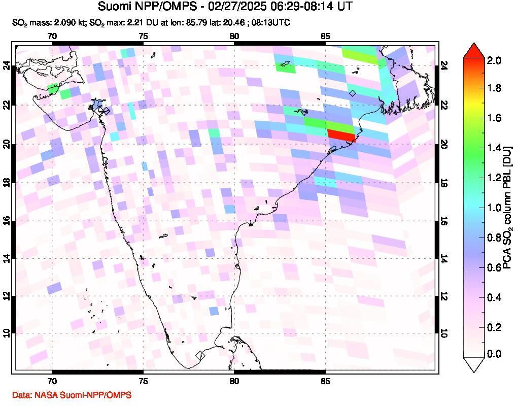 A sulfur dioxide image over India on Feb 27, 2025.