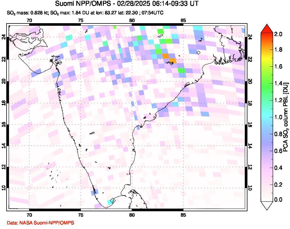 A sulfur dioxide image over India on Feb 28, 2025.