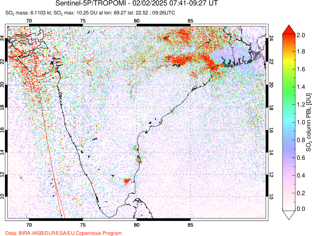 A sulfur dioxide image over India on Feb 02, 2025.