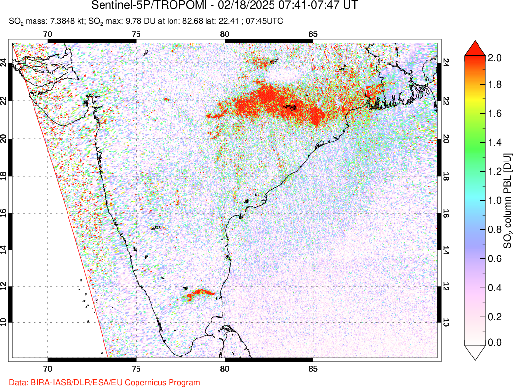 A sulfur dioxide image over India on Feb 18, 2025.