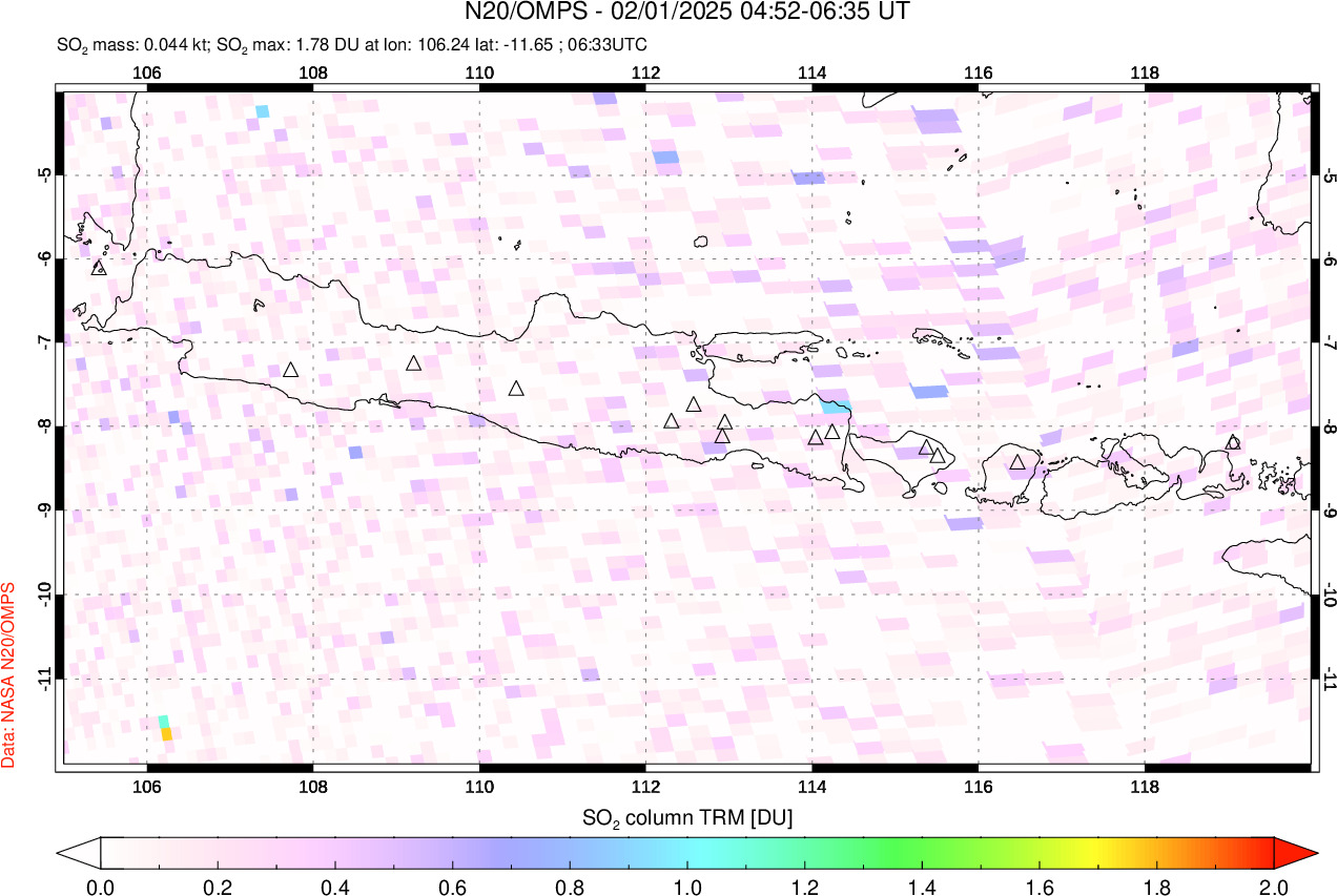 A sulfur dioxide image over Java, Indonesia on Feb 01, 2025.