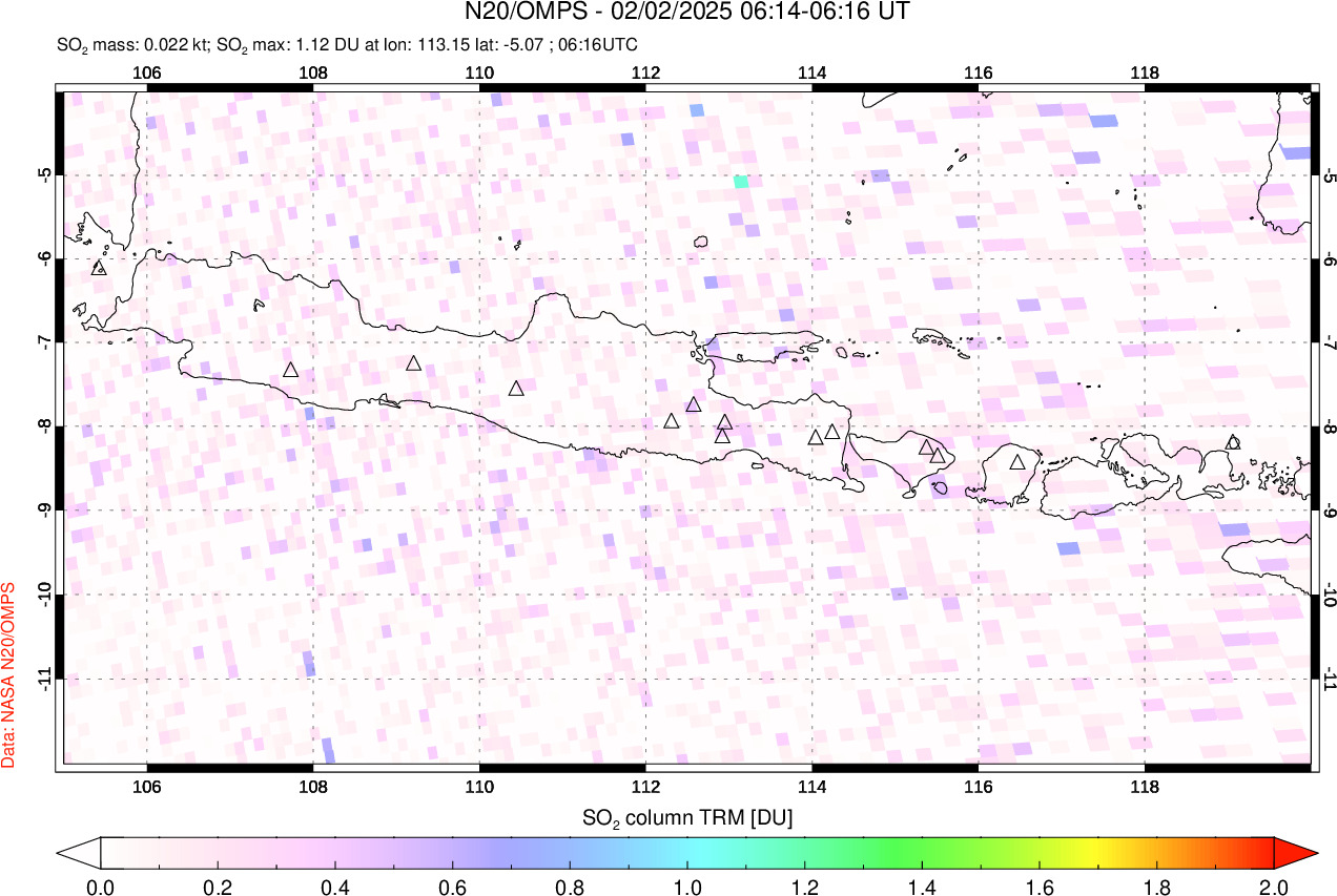 A sulfur dioxide image over Java, Indonesia on Feb 02, 2025.