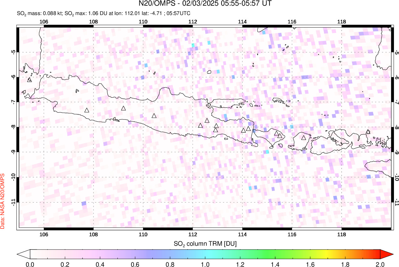 A sulfur dioxide image over Java, Indonesia on Feb 03, 2025.