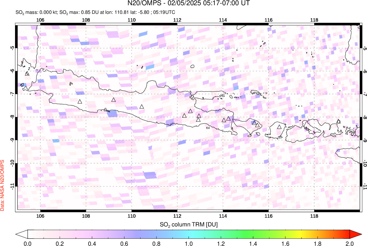 A sulfur dioxide image over Java, Indonesia on Feb 05, 2025.