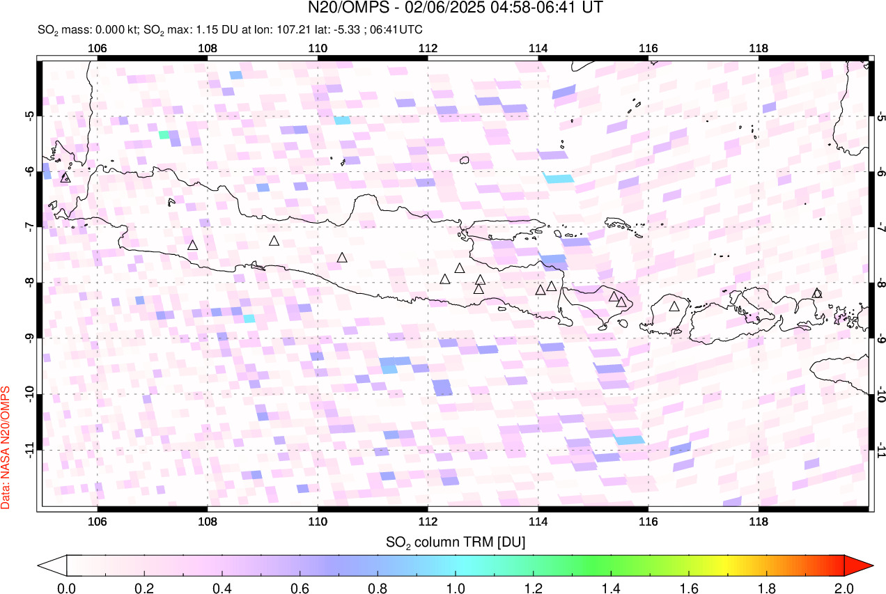 A sulfur dioxide image over Java, Indonesia on Feb 06, 2025.