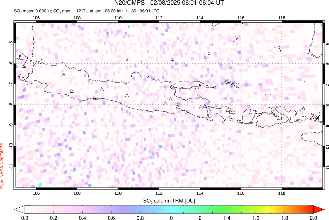 A sulfur dioxide image over Java, Indonesia on Feb 08, 2025.