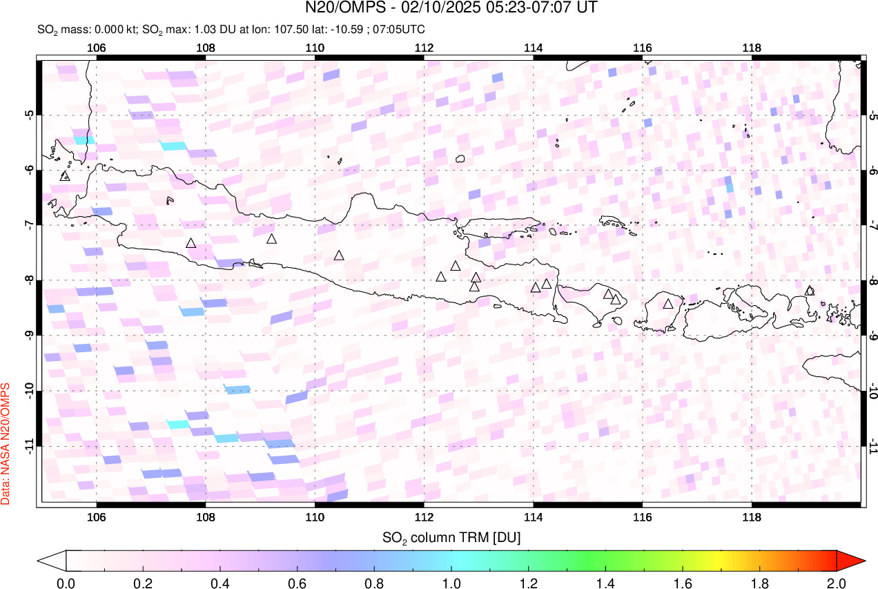 A sulfur dioxide image over Java, Indonesia on Feb 10, 2025.