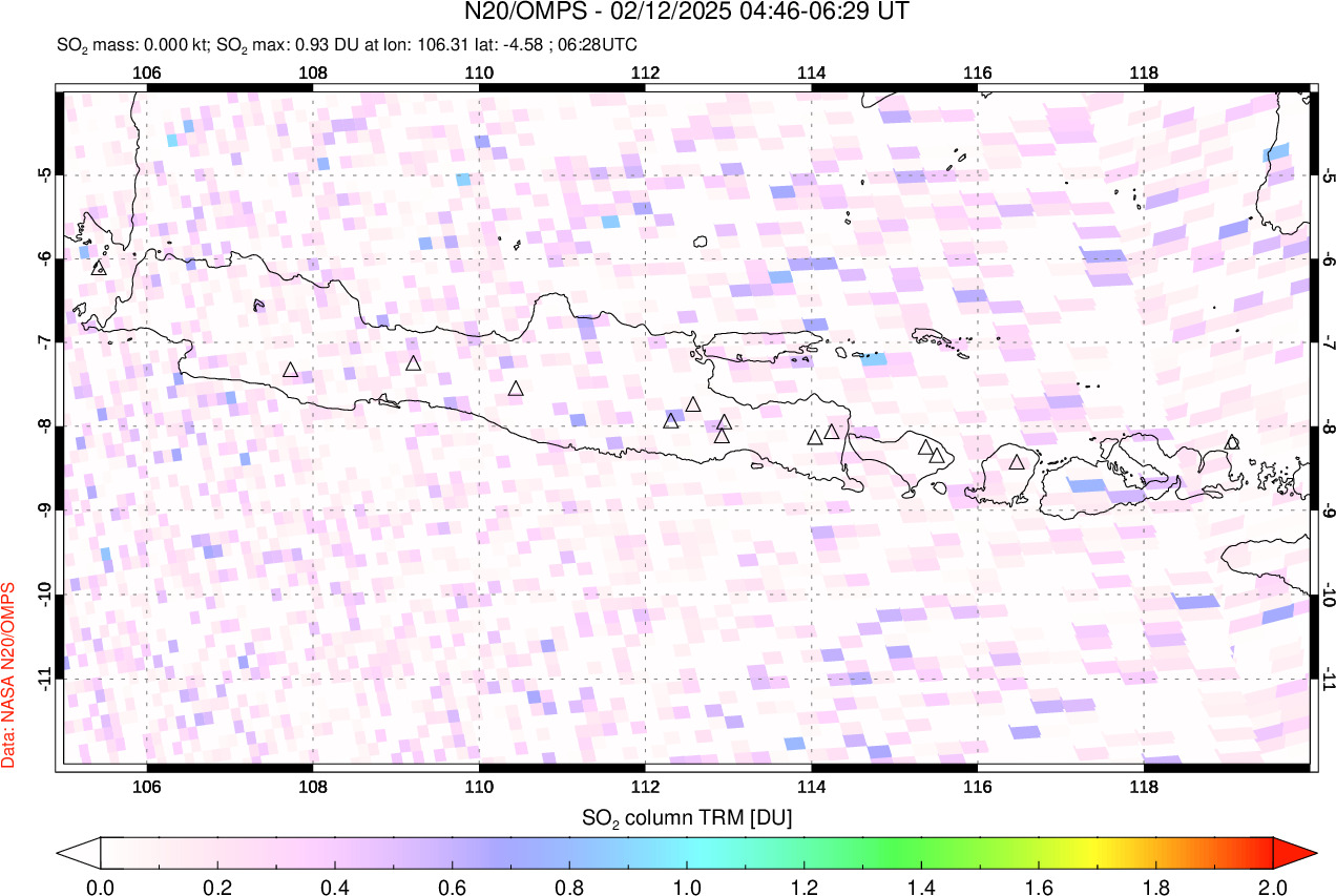 A sulfur dioxide image over Java, Indonesia on Feb 12, 2025.