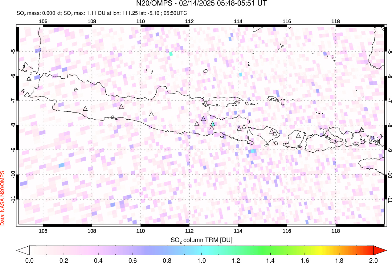 A sulfur dioxide image over Java, Indonesia on Feb 14, 2025.