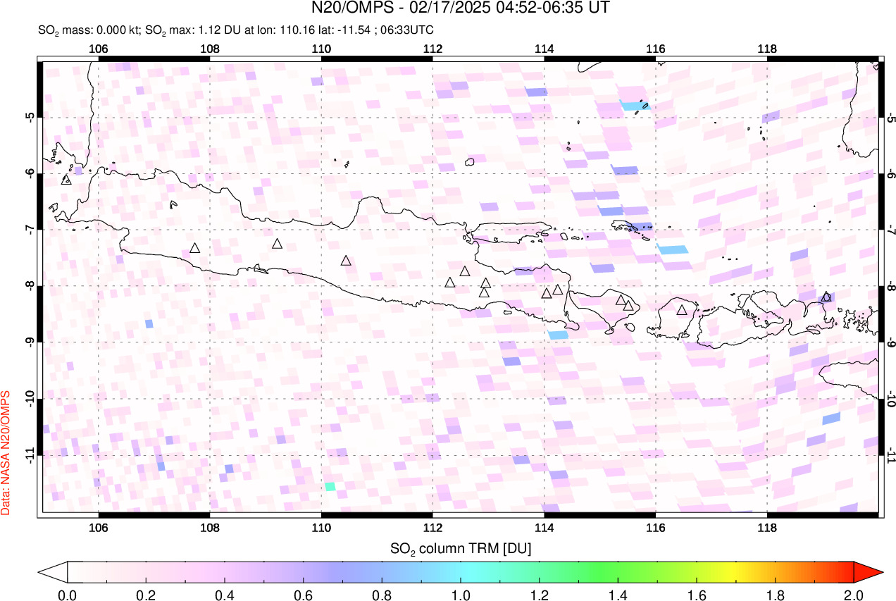 A sulfur dioxide image over Java, Indonesia on Feb 17, 2025.